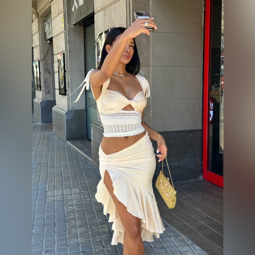 White Lace Crop Top and Skirt Set |Satin & Lace Co-Ord Set | Crop Top & Skirt - Picture 12 of 16